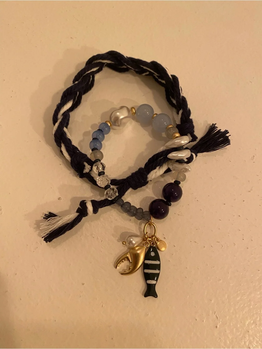 Nautical Beaded Charm & Braided Bracelet Set Navy Blue White